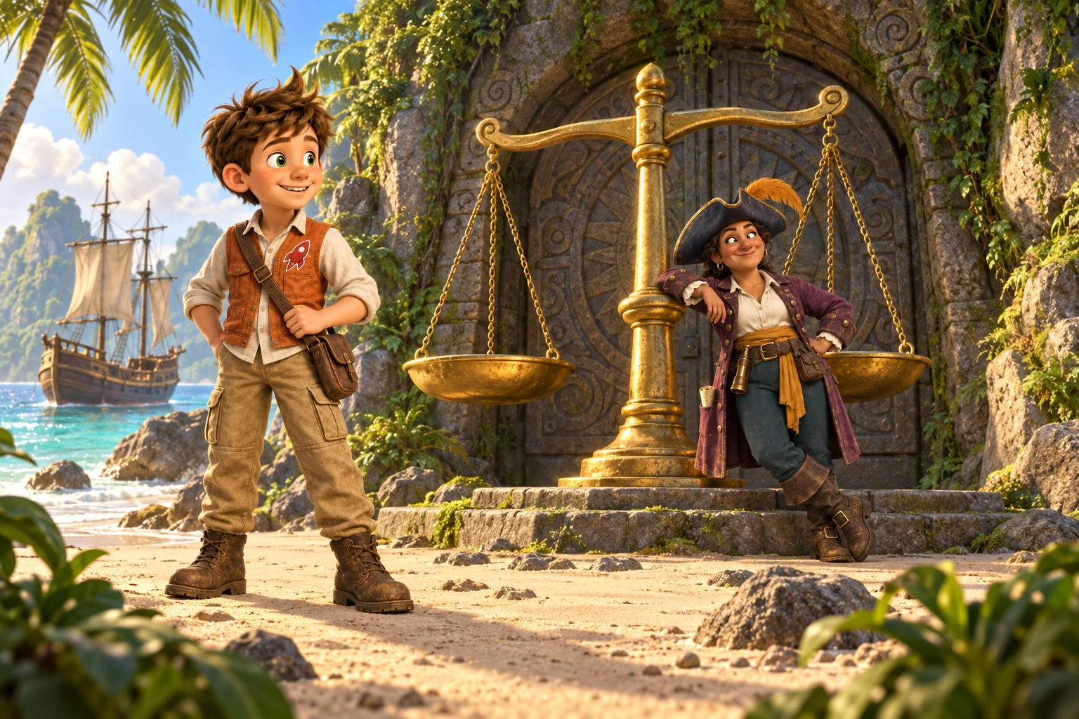 Jake arrives at a tropical island while Captain Crooke stands beside an ancient cave door and a giant golden balance scale.