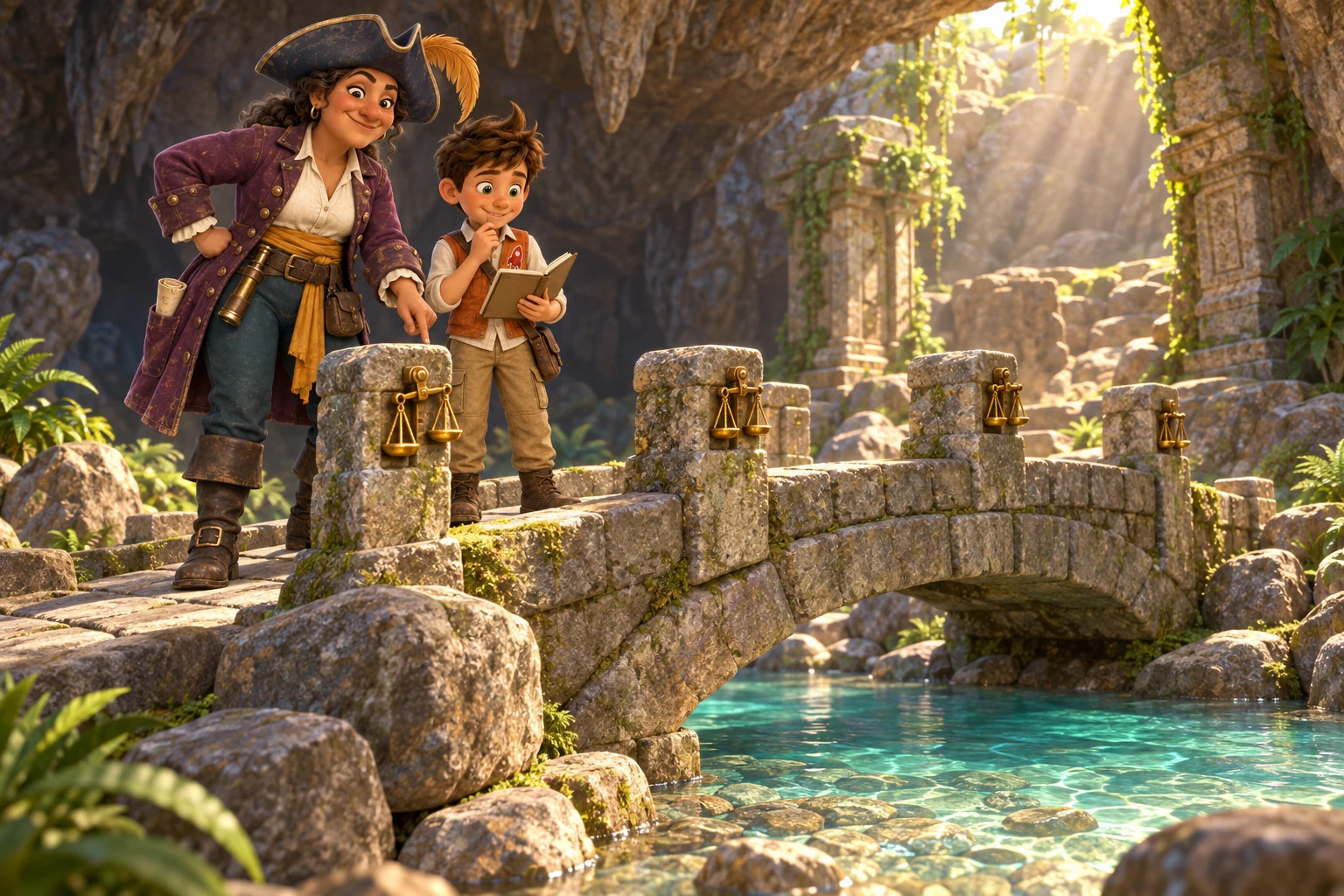 Jake and Crooke stand at a short stone bridge over a shallow turquoise cave pool with golden scale locks along its railing.