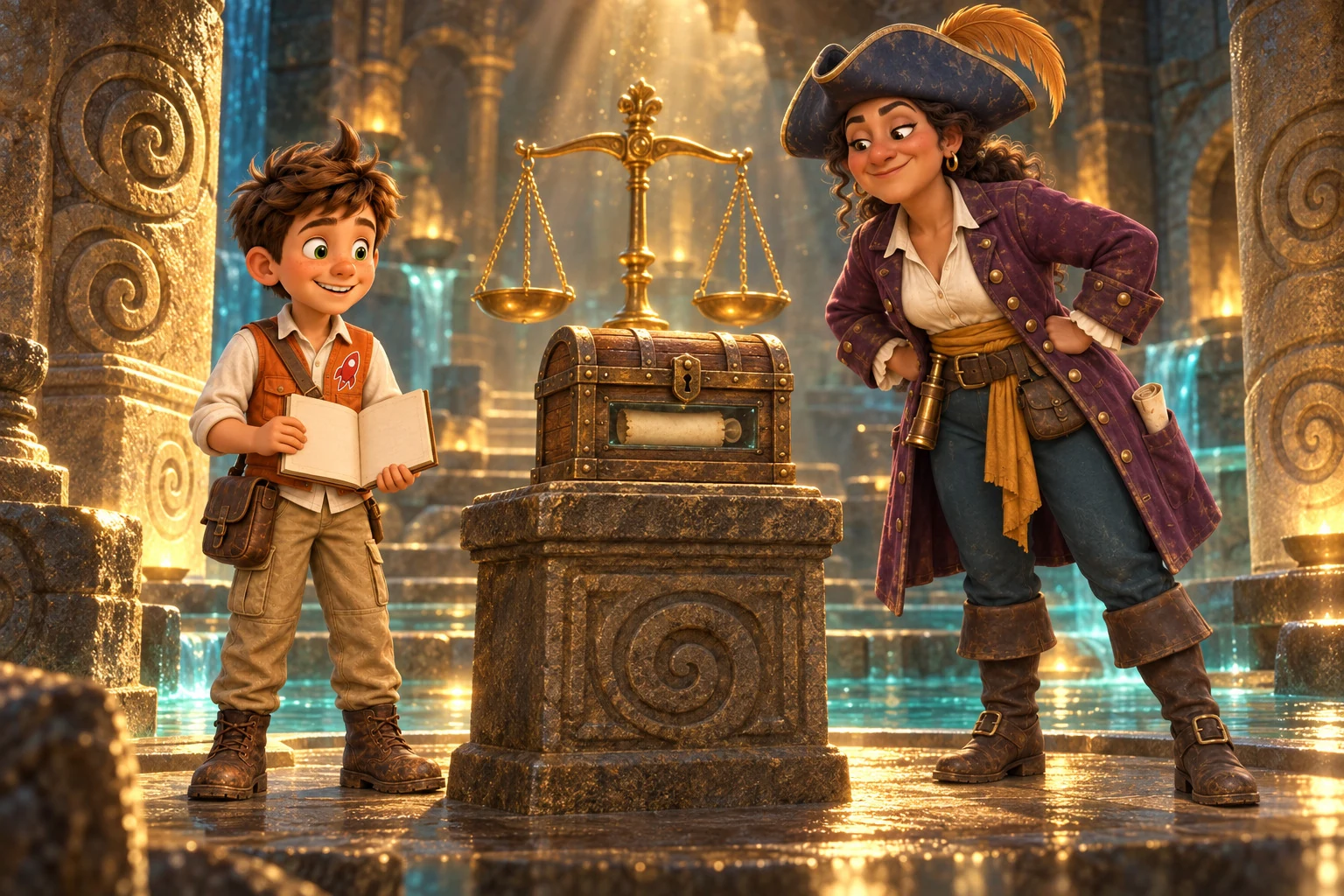 Jake and Crooke discover a glowing parchment fragment in an open stone chamber with a large golden scale and a small locked chest.